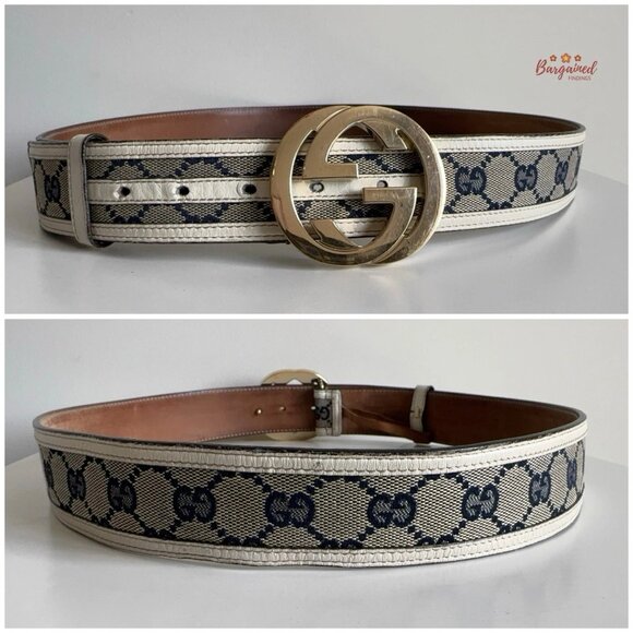Authentic Gucci Cream Monogram Canvas Leather Interlocking G Buckle Belt 95/38 - Picture 5 of 13